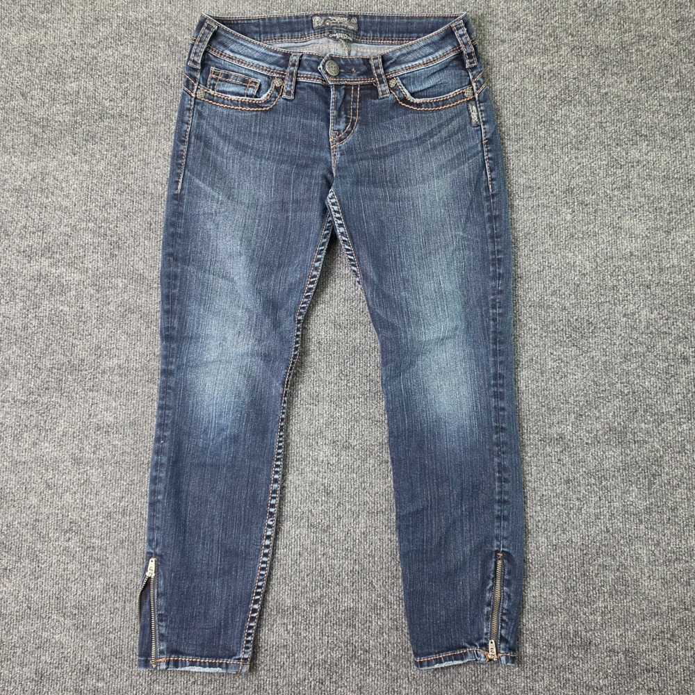 Silver Camden Rose Ankle Skinny Jeans Women's 28 Dark Wash Zip Hem Low Rise